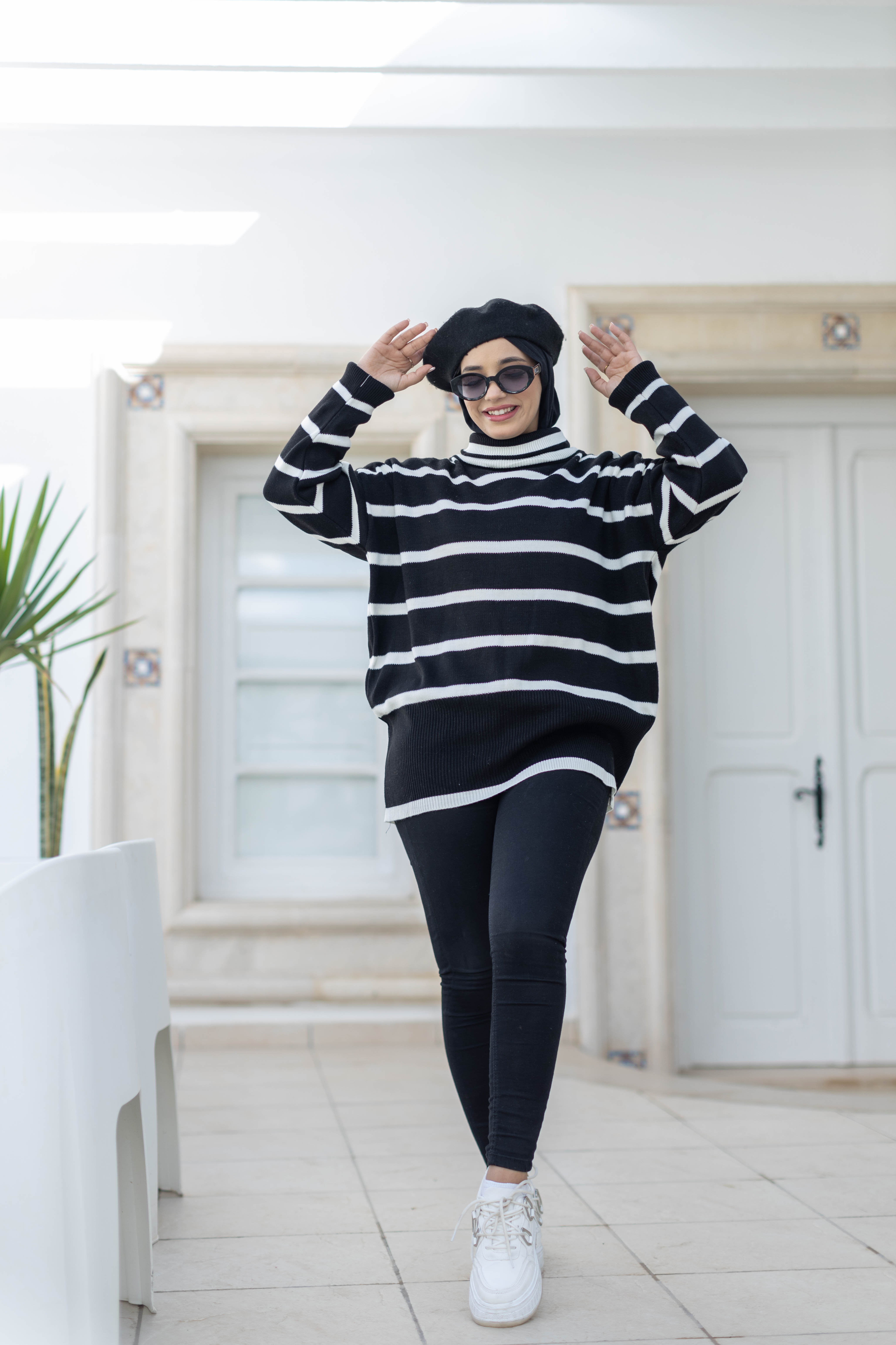 Pull Raille En Laine Noir Blanc